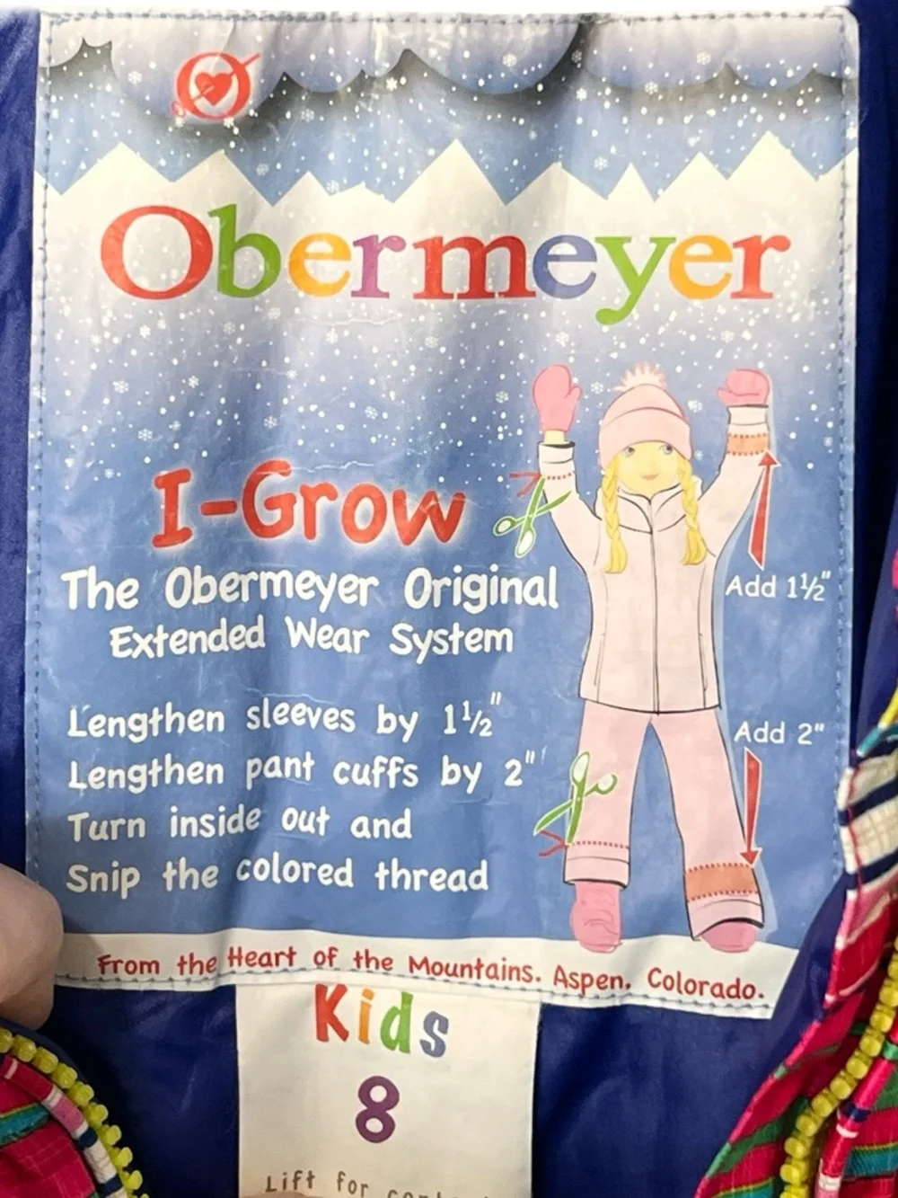 Obermeyer Snowverall I-Grow Girls Size 8 Bright Pink Multi-Stripe‎ Snow Bibb